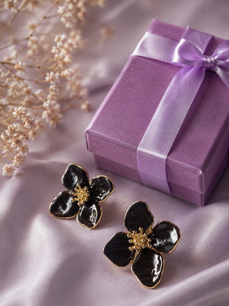 Black Floral Earrings - Image 3